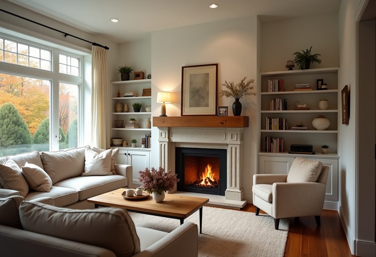 Lit stone fireplace in a bright living room — Ashburn